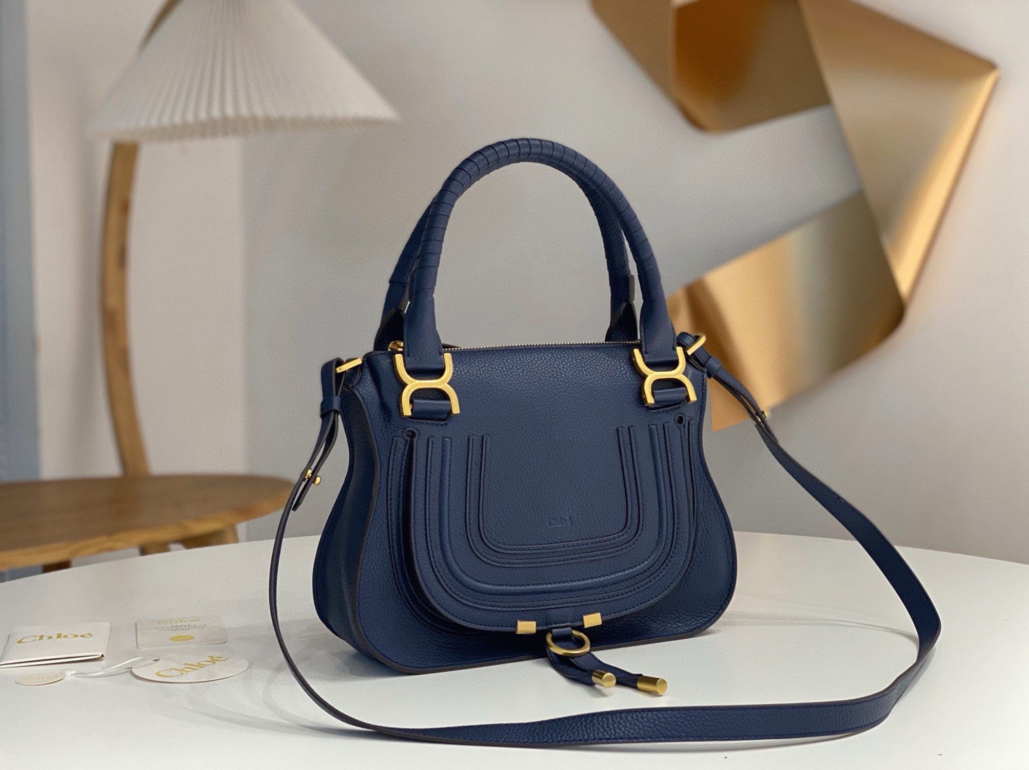 top quality fake Ch10e marcie small double carry bag in blue grained leather