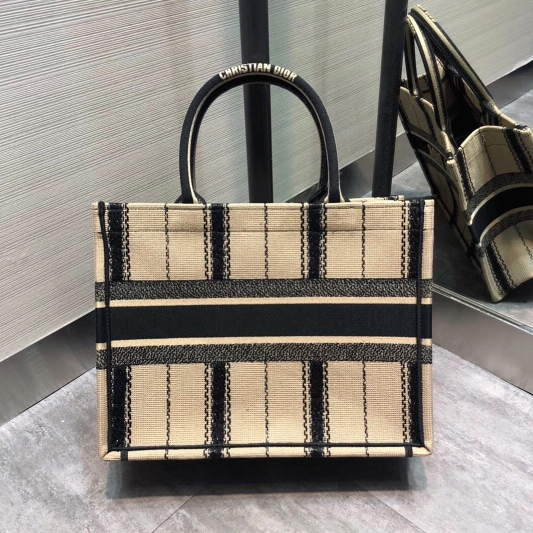 D10r Medium Book Tote Bag Fake in Black and Beige Bayadère Embroidered