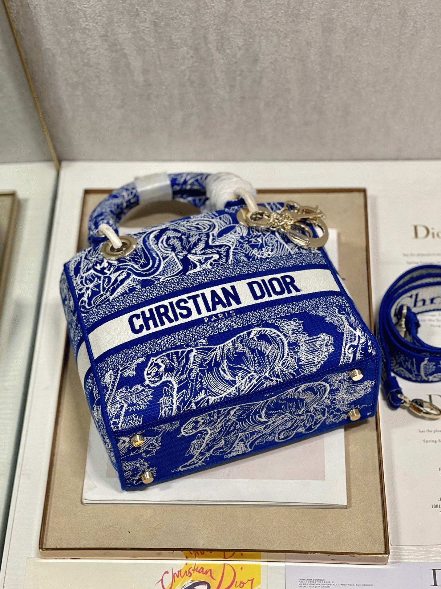 D10r Lady D-Lite Medium Bag Fake in Fluorescent Blue Toile de Jouy Reverse Embroidery