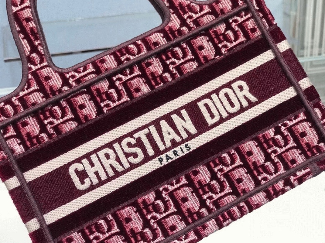 D10r Mini Book Tote Bag Replica in Bordeaux Velvet Oblique Embroidered