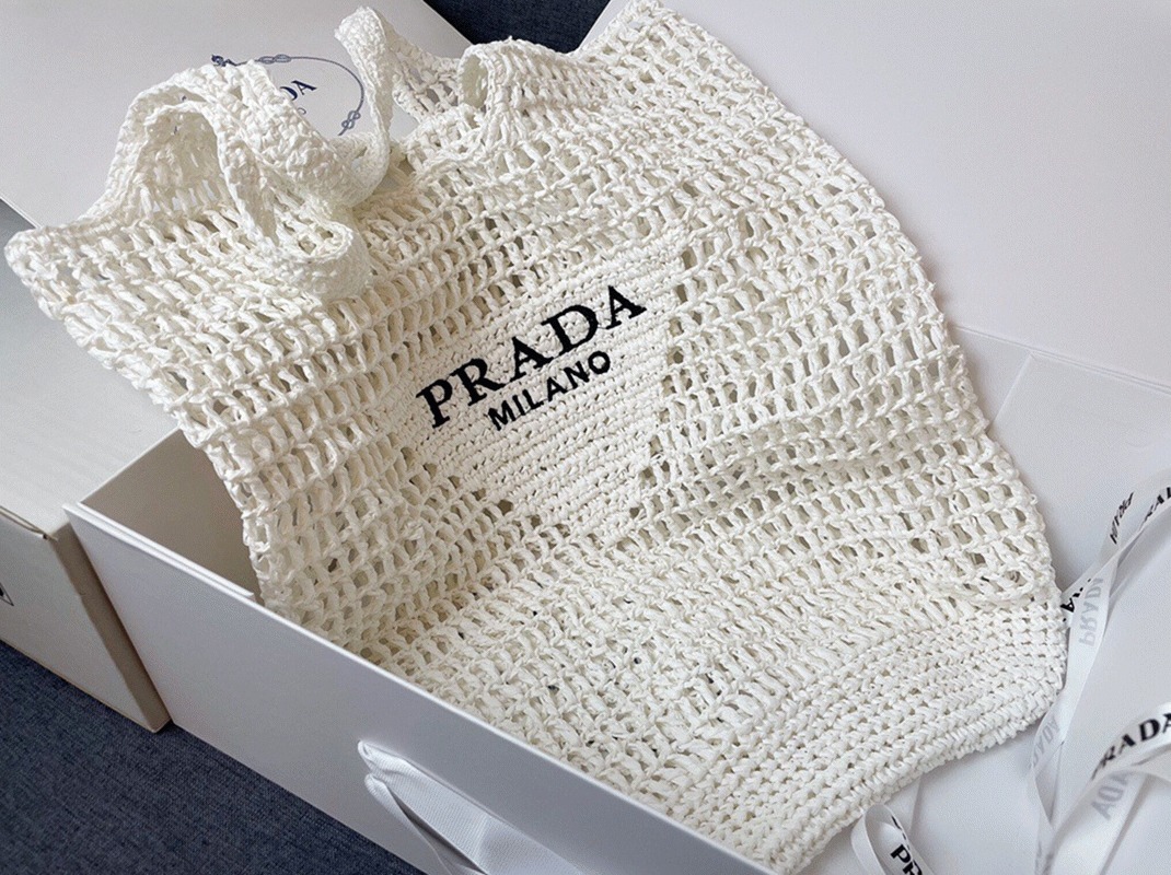 Pra*a Large Tote Bag Replica in White Woven Raffia