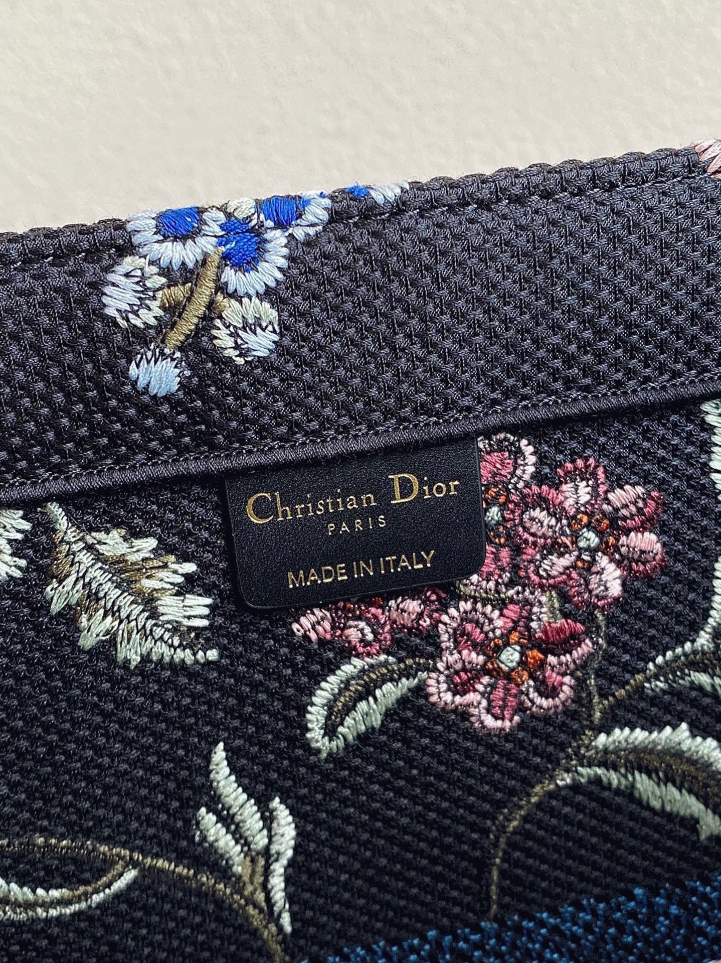 D10r Large Book Tote Bag Fake in Black D10r Petites Fleurs Embroidery