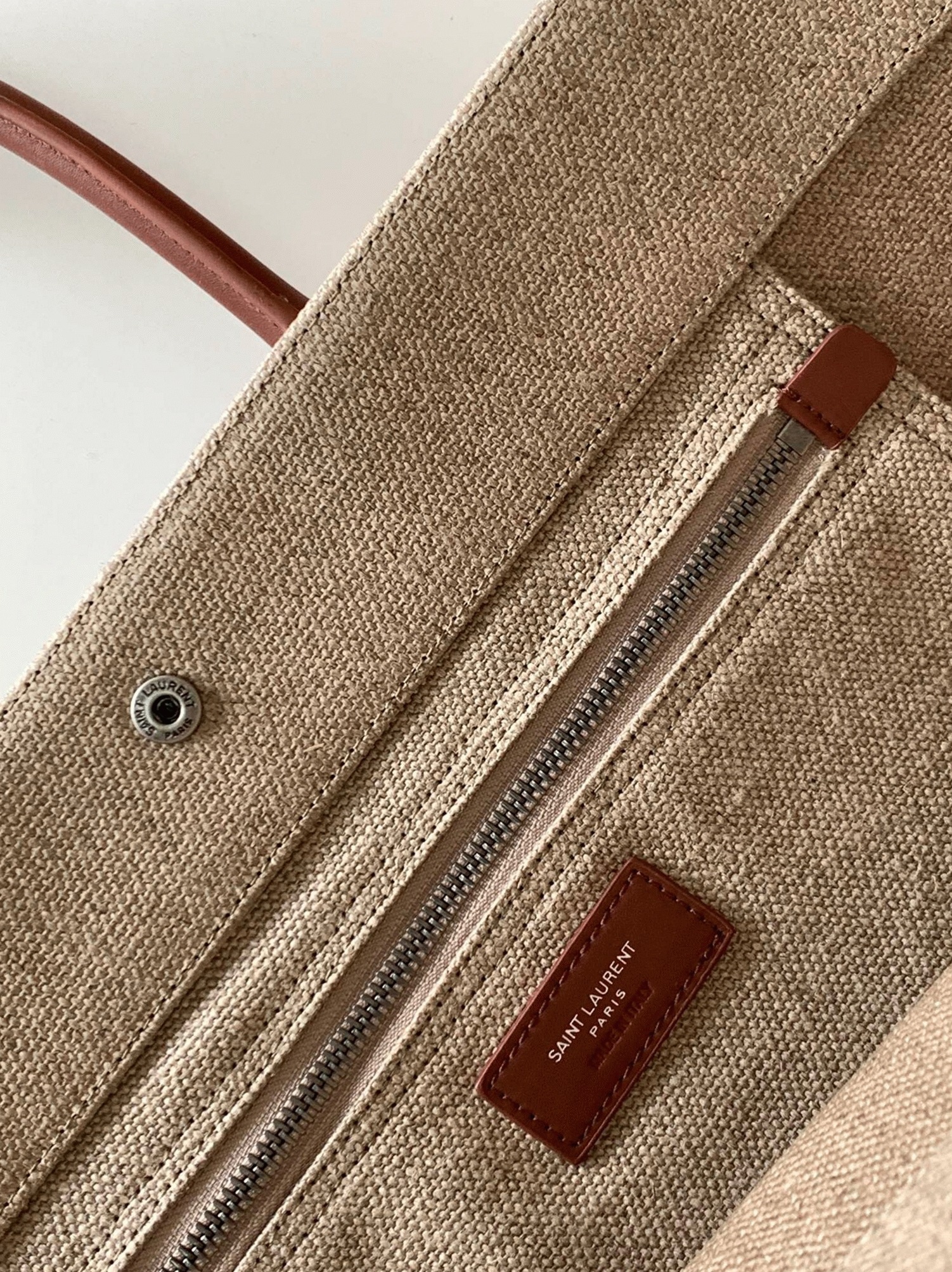 Knockoff Sa1nt Lau*nt Rive Gauche Tote Bag White Linen and Brown Leather