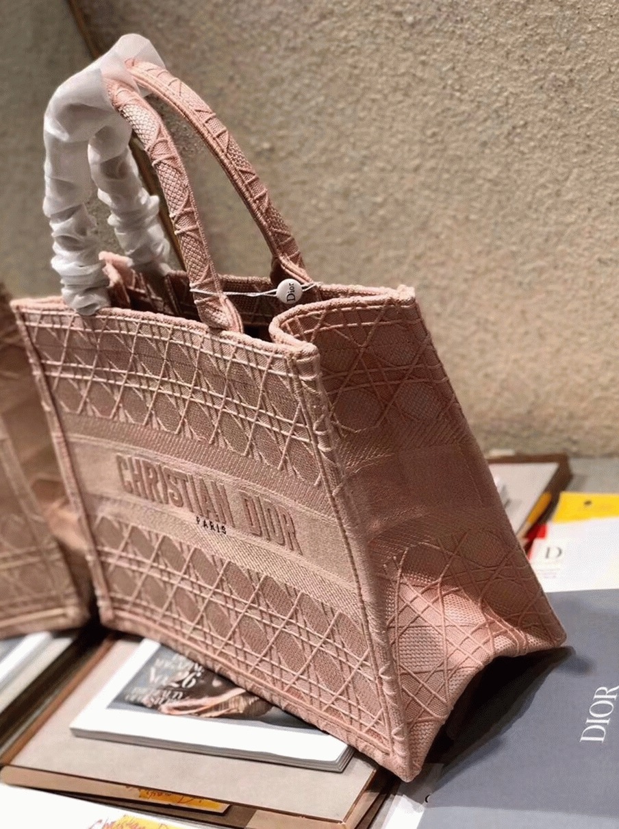 D10r Medium Book Tote Bag Knockoff in Pink Cannage Embroidered Canvas