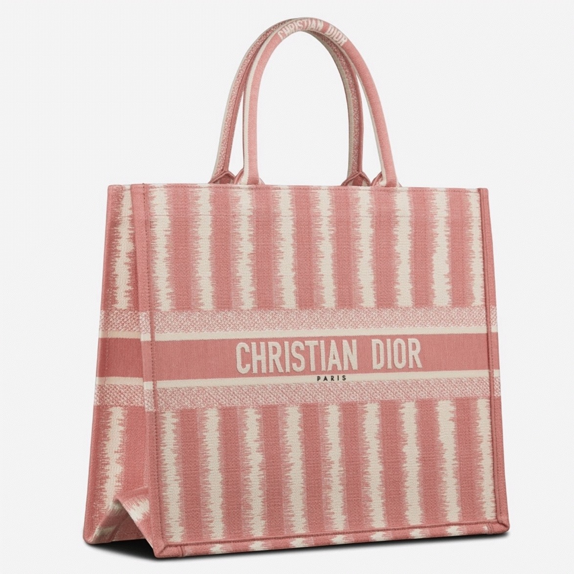 D10r Large Book Tote Bag Replica in Pink Stripes Embroidery