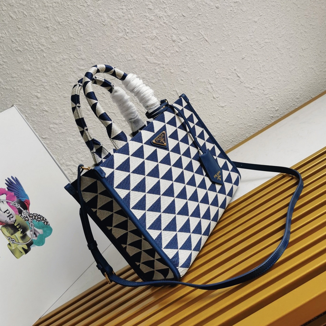 Pra*a Symbole Small Bag Knockoff in White/Blue Jacquard Fabric