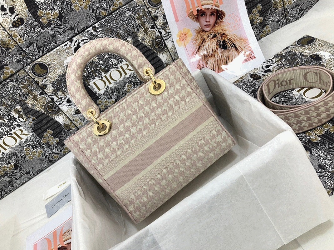 D10r Lady D-Lite Medium Bag Knockoff in Pink   White Houndstooth Embroidery