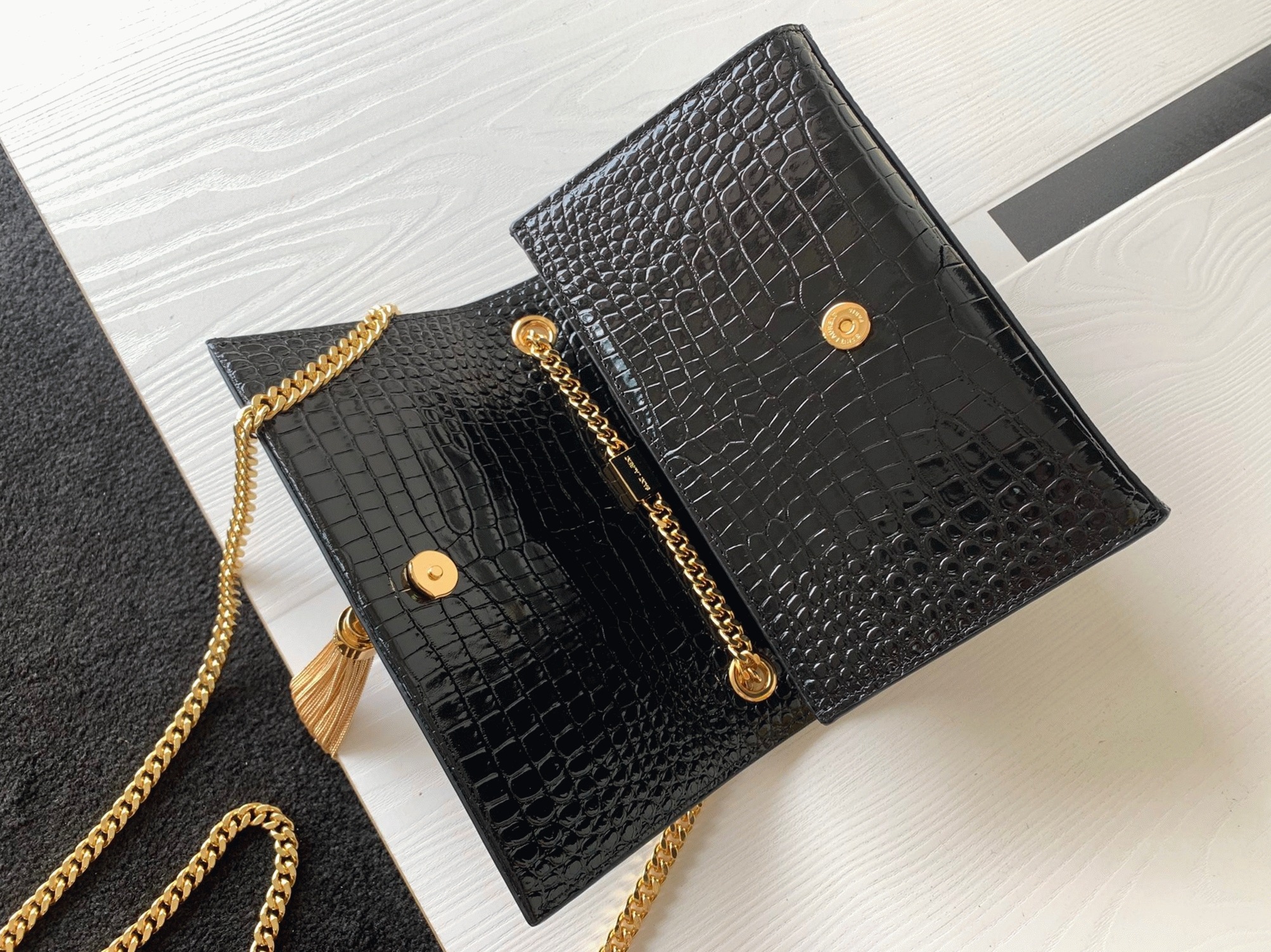 Replica Sa1nt Lau*nt Kate Small Tassel Bag Black Crocodile-embossed Leather
