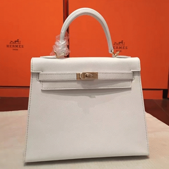 White Epsom Fake Luxury H**me5 Kelly 25cm Sellier Structured Bag