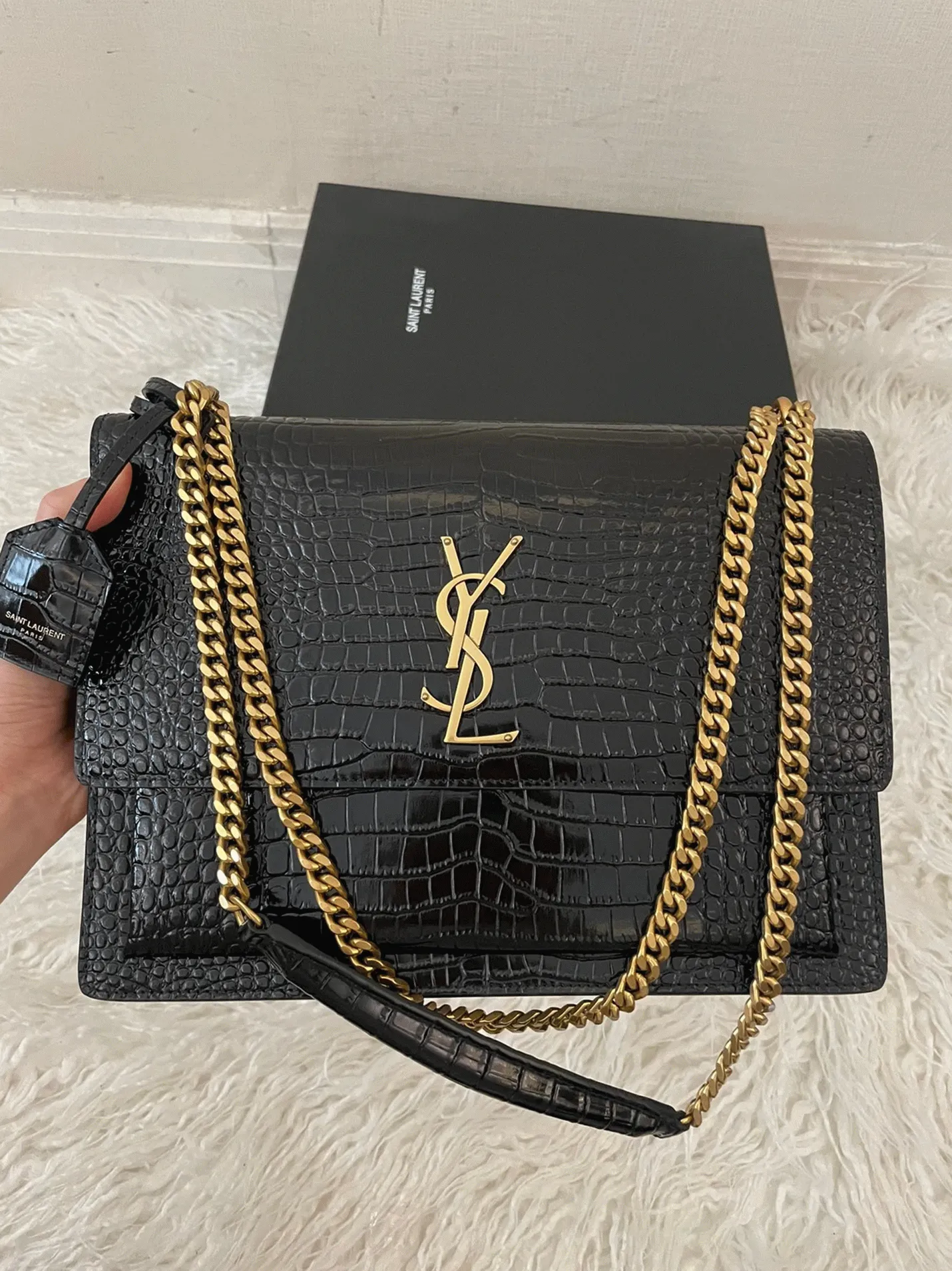 Black Croc-Embossed Leather Y51 Sunset Medium Chain Replica Bag