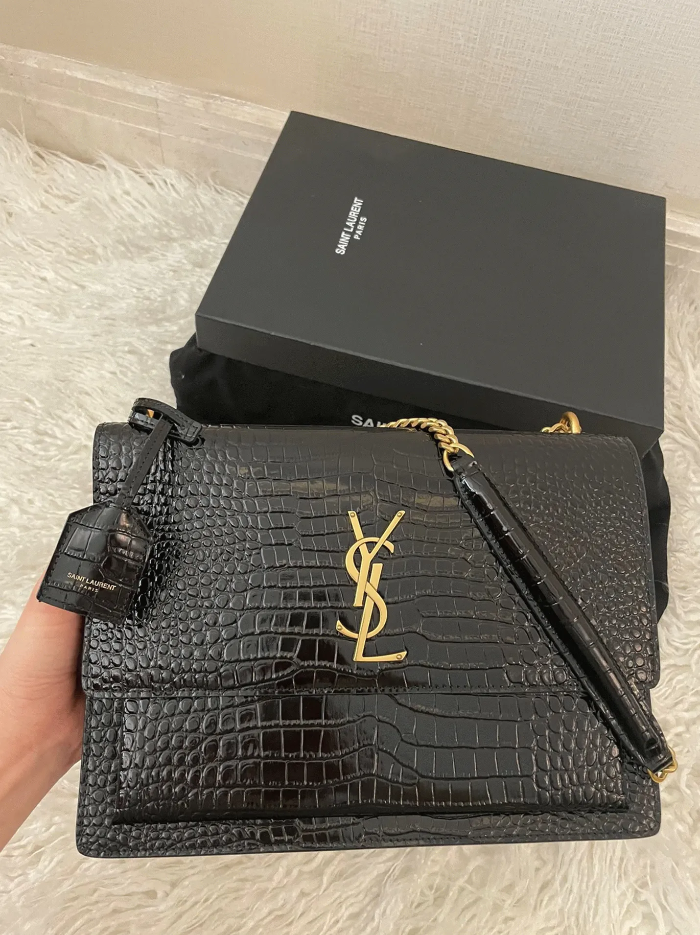 Black Croc-Embossed Leather Y51 Sunset Medium Chain Replica Bag