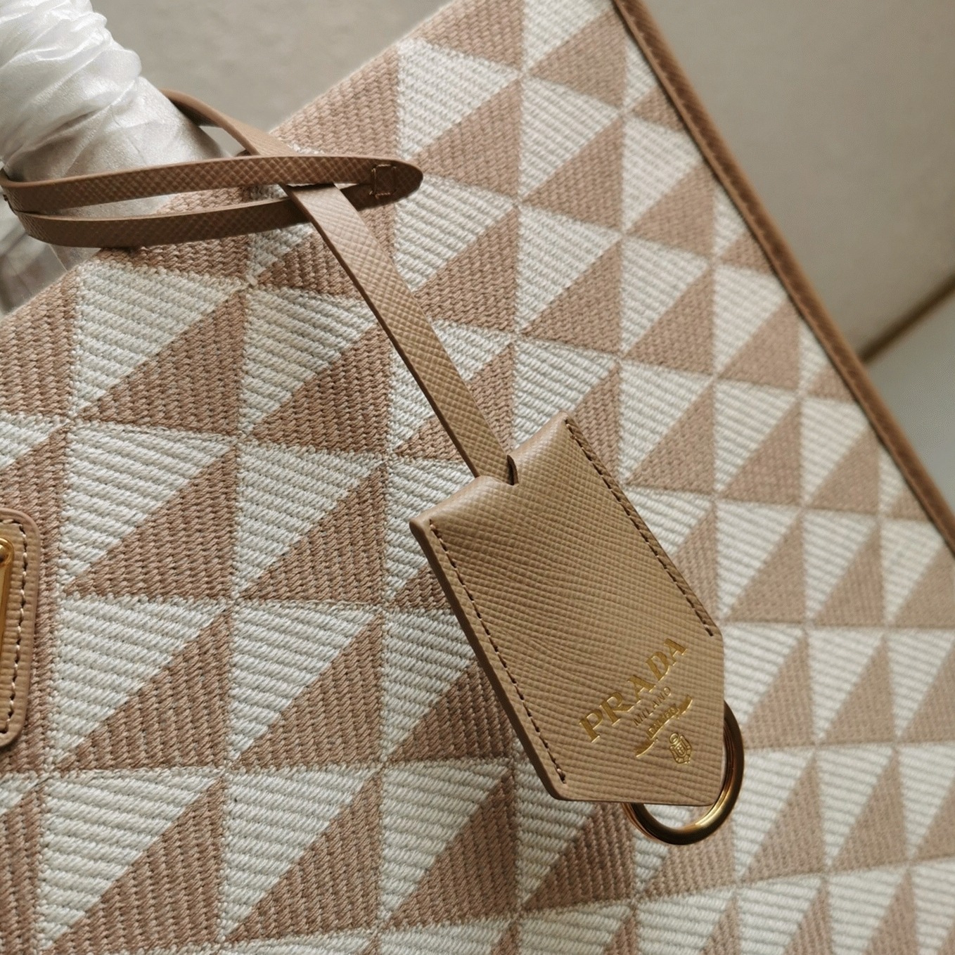 Pra*a Symbole Large Bag Knockoff in Beige/White Jacquard Fabric