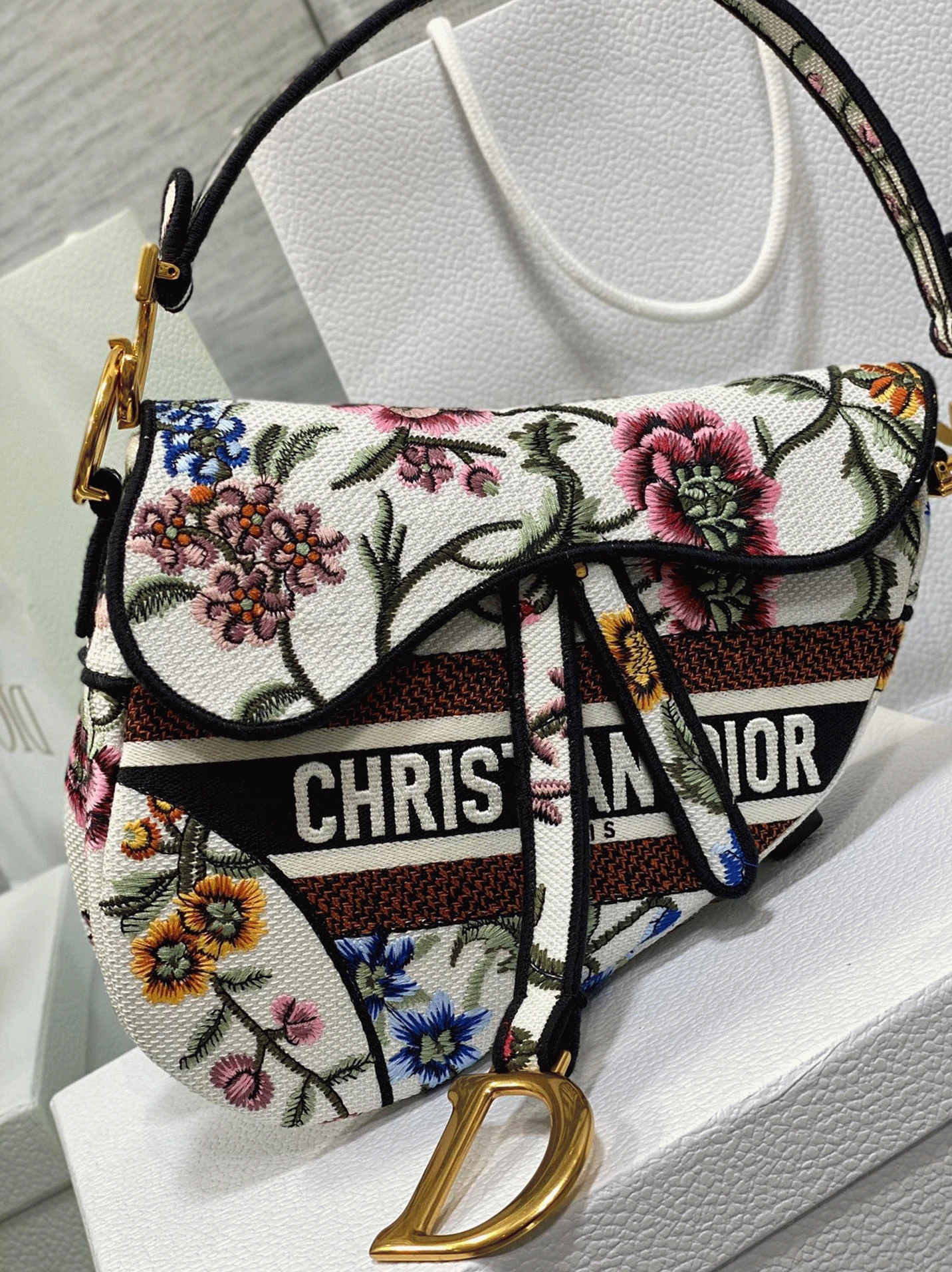 D10r Saddle Bag Fake in White Multicolor D10r Petites Fleurs Embroidery