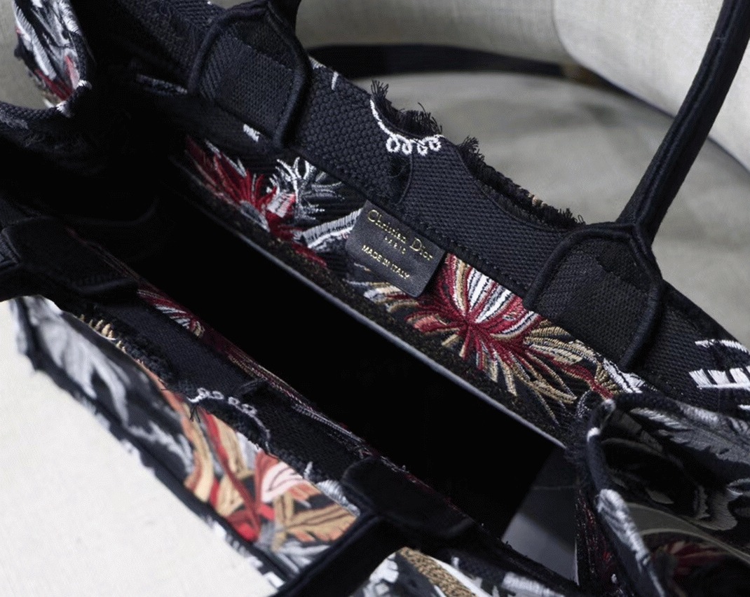 D10r Medium Book Tote Replica in Black Camouflage with Multicolored