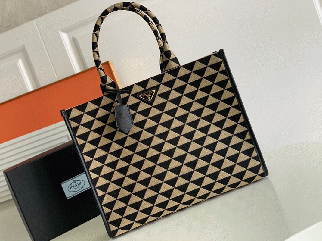 Pra*a Symbole Large Bag Knockoff in Black/Beige Jacquard Fabric