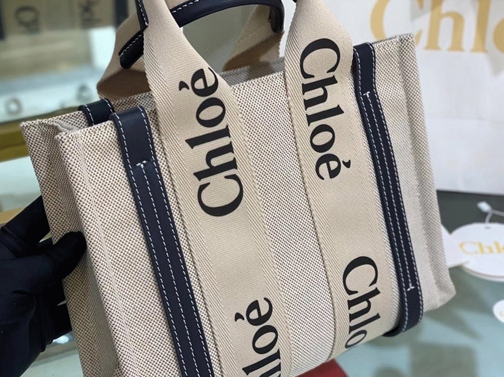 top quality fake Ch10e small woody tote bag in canvas with blue leather strips
