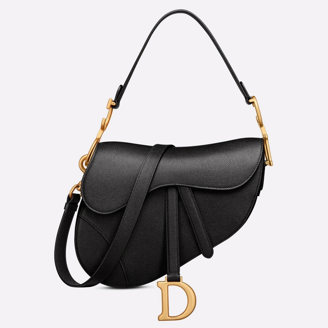 D10r Saddle Bag with Strap Fake in Black Grained Calfskin