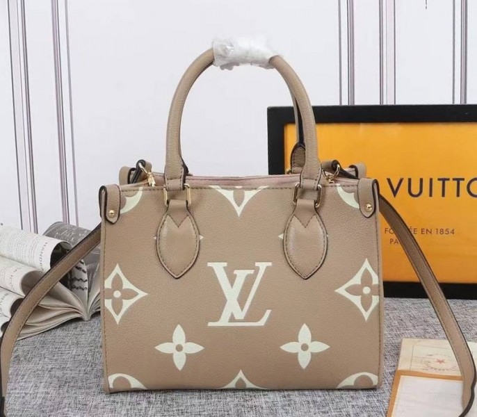 L0vis Vvtt0n Bicolor Monogram Empreinte Leather Onthego PM Bag In Tourterelle Gray And Cream