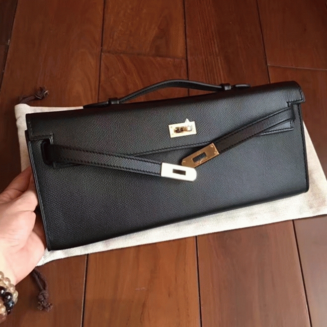 Black Epsom Fake H**me5 Kelly Cut Clutch Sleek Handbag