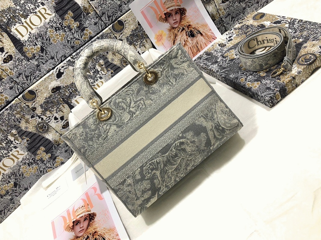 D10r Lady D-Lite Large Bag in Gray Toile de Jouy Reverse Embroidery