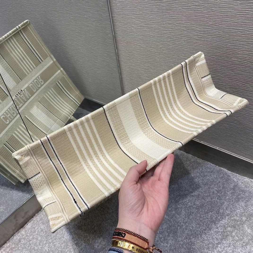 D10r Large Book Tote Bag Replica in Beige Stripes Embroidery