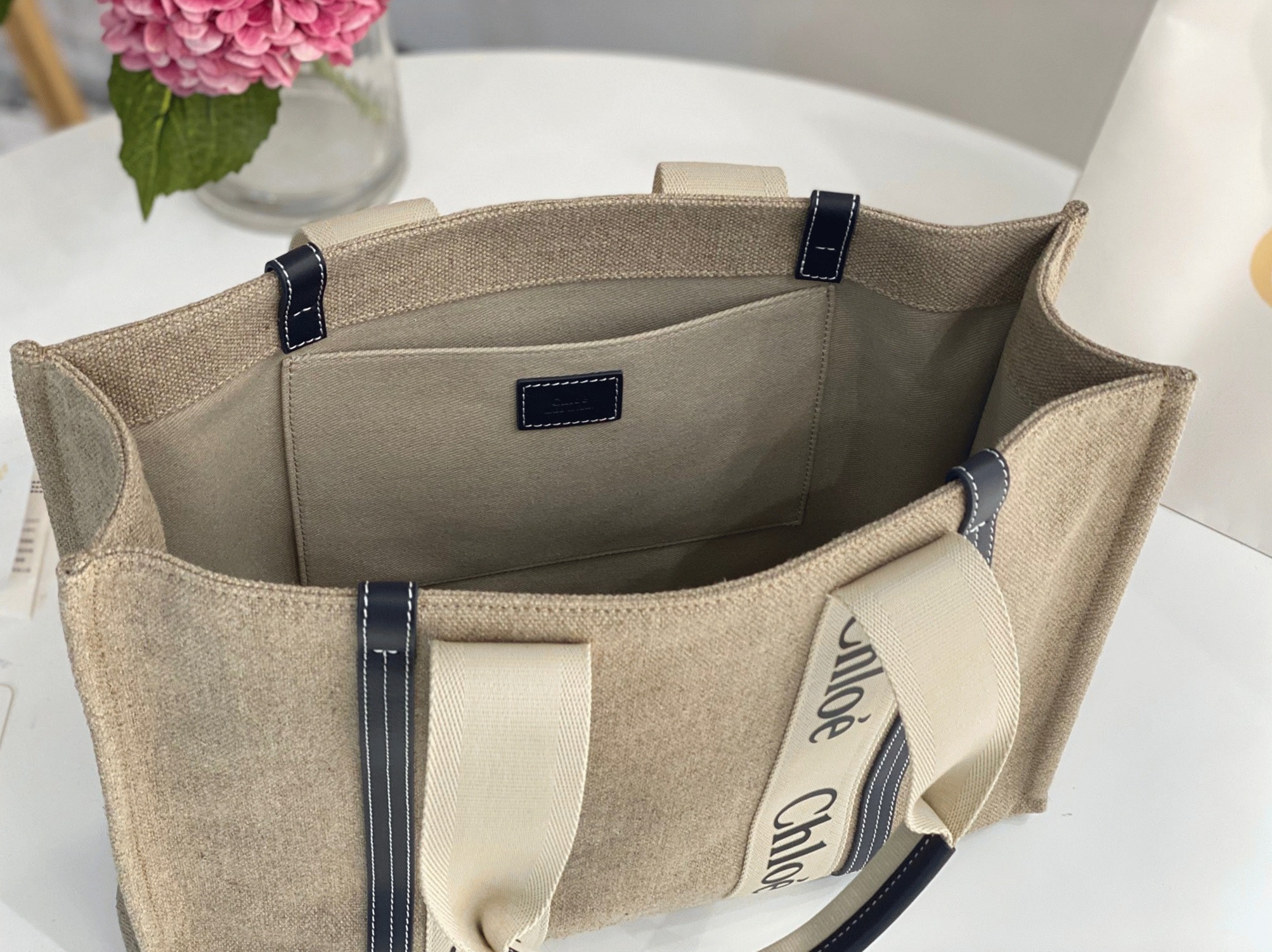 top quality fake Ch10e woody large tote bag in linen canvas with navy blue leather