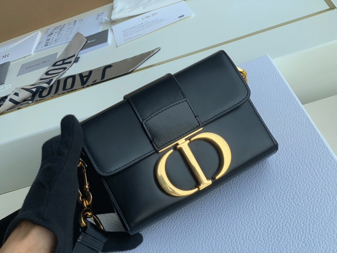 D10r 30 Montaigne Box Bag Replica in Black Box Calfskin
