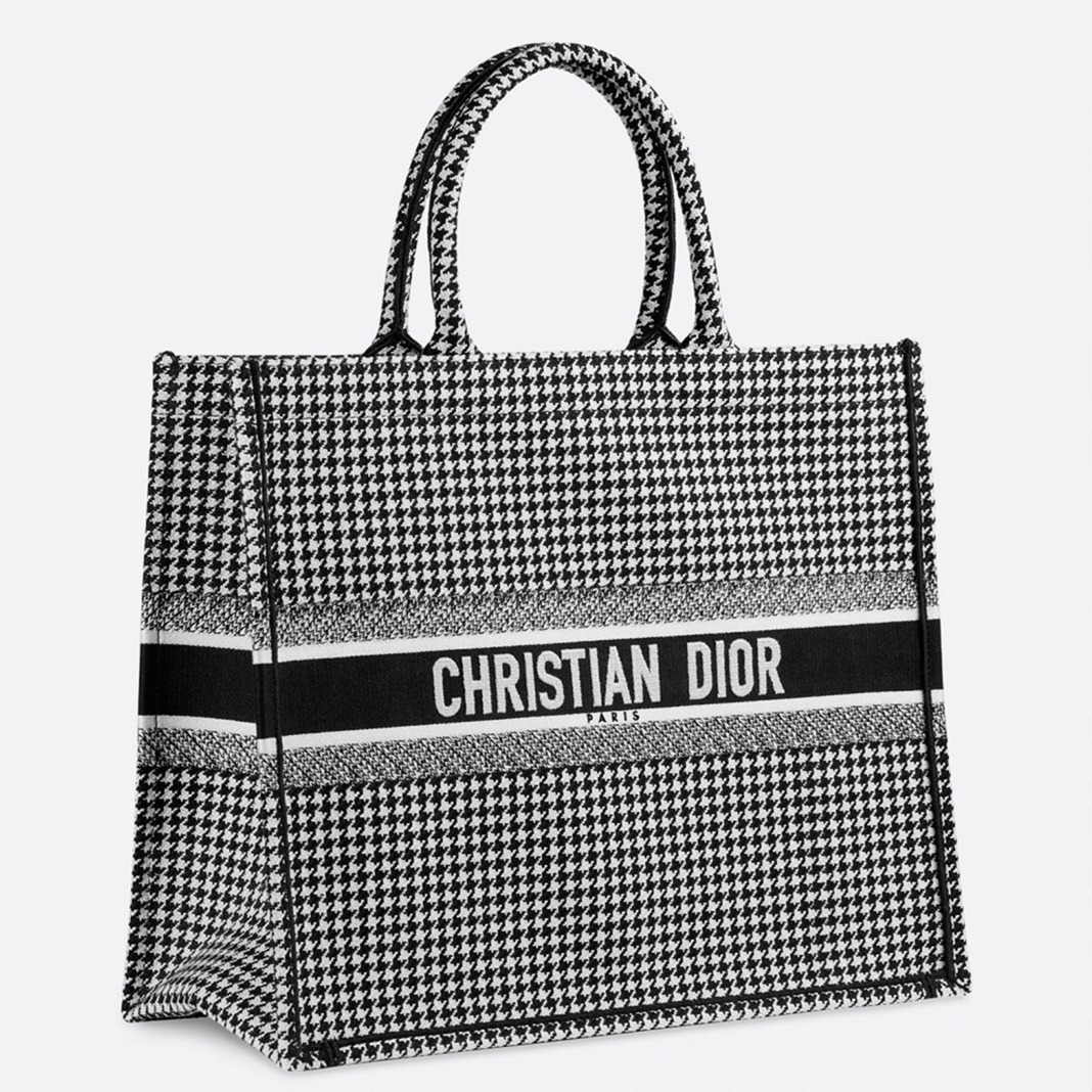 D10r Large Book Tote Bag Fake in Houndstooth Embroidered Canvas