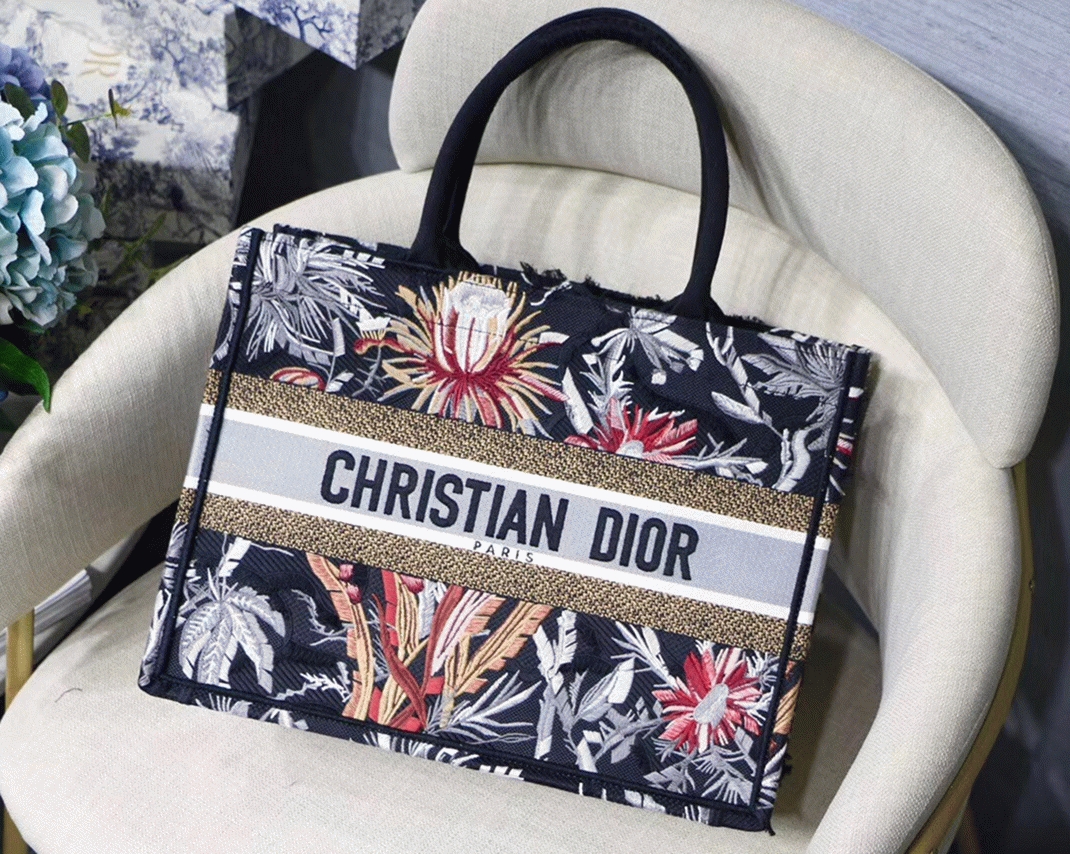 D10r Medium Book Tote Replica in Black Camouflage with Multicolored