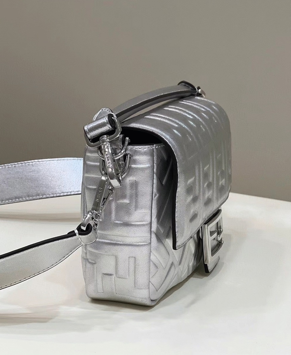 Top Quality Fake F**di Large Baguette Bag In Silver FF Metallic Leather