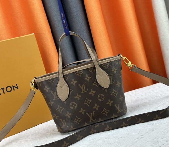 L0vis Vvtt0n Neverfull Bandouliere Inside Out BB Tote In Monogram Canvas And Khaki Green Leather
