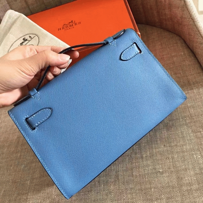 Celeste Epsom Knockoff H**me5 Kelly Pochette Light Blue Clutch