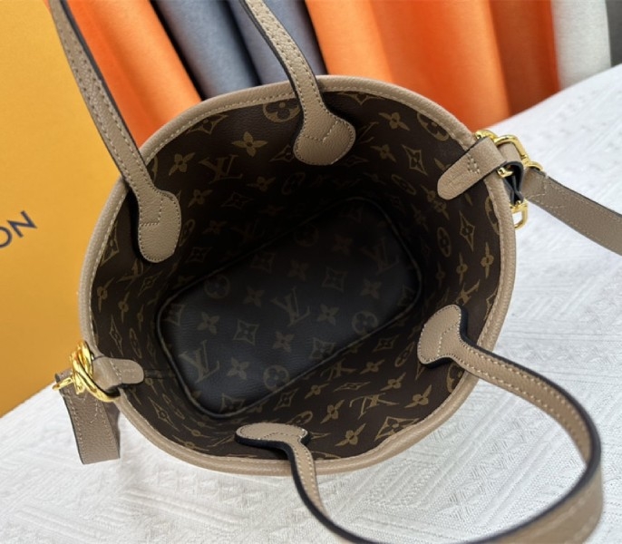L0vis Vvtt0n Neverfull Bandouliere Inside Out BB Tote In Monogram Canvas And Khaki Green Leather