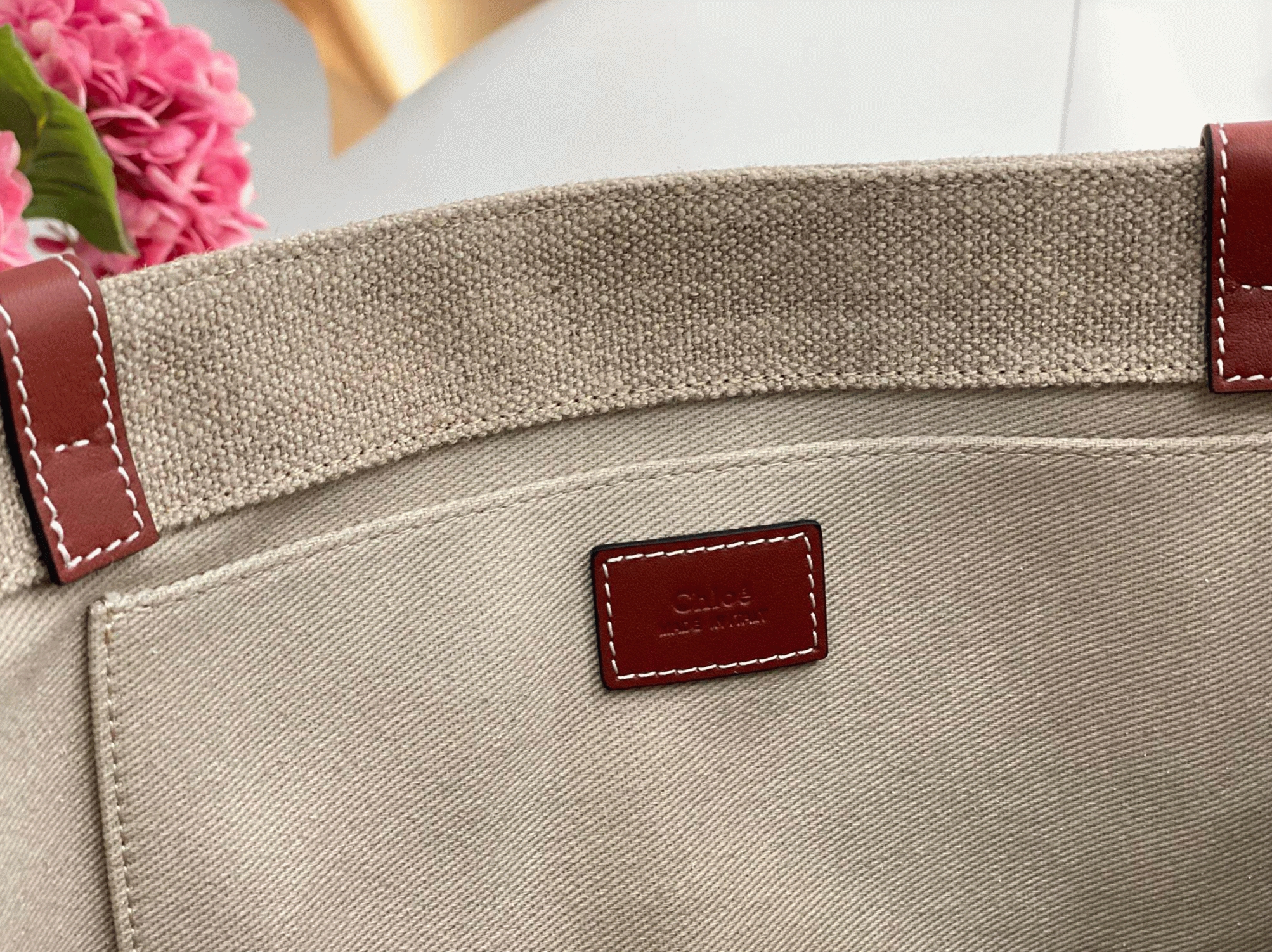 top quality fake Ch10e medium woody tote bag in canvas with tan leather strips