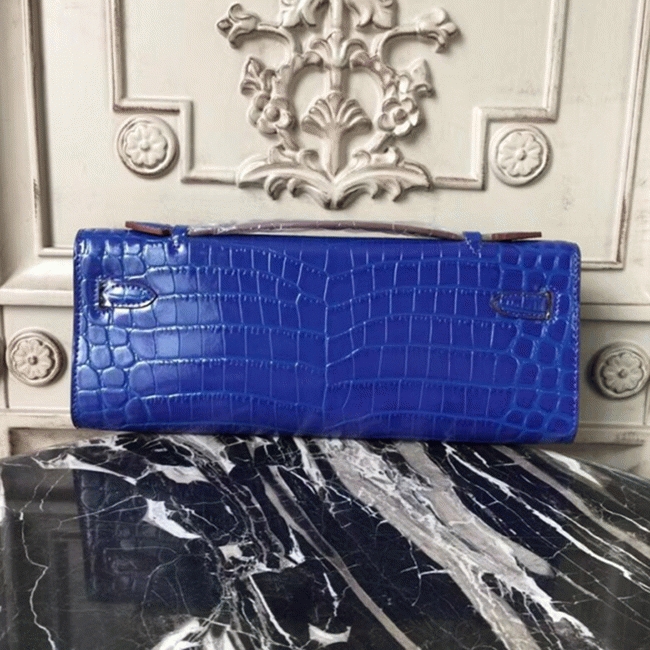 Blue Electric Crocodile Replica H**me5 Kelly Cut Clutch Bold Statement