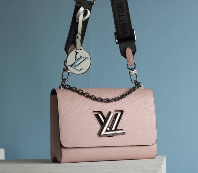 L0vis Vvtt0n Epi Leather Twist MM Bag In Rose Ballerine Pink With Jacquard Strap