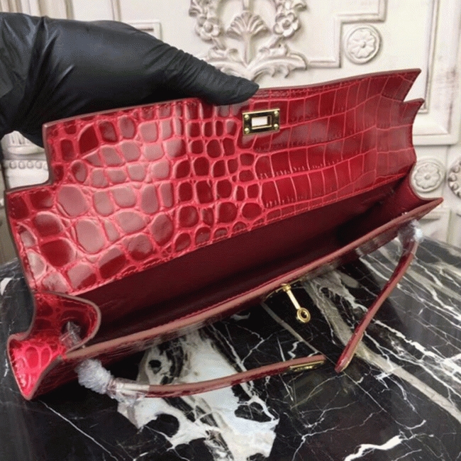 Red Crocodile Copy H**me5 Kelly Cut Clutch Exotic Luxury Bag