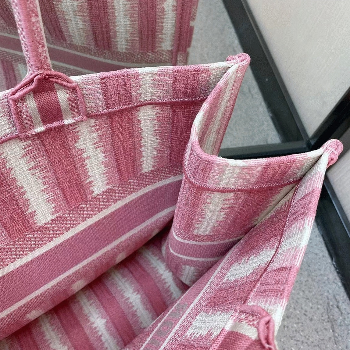 D10r Large Book Tote Bag Replica in Pink Stripes Embroidery