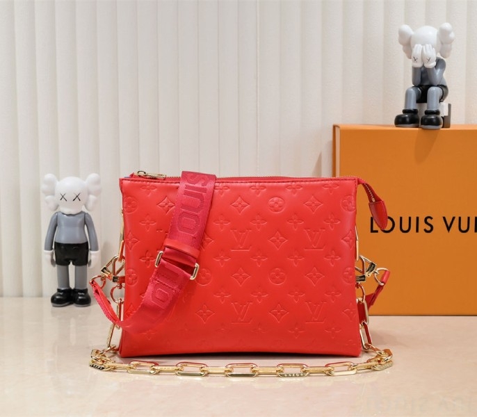 L0vis Vvtt0n Coussin PM Bag In Neon Red With Jacquard Strap