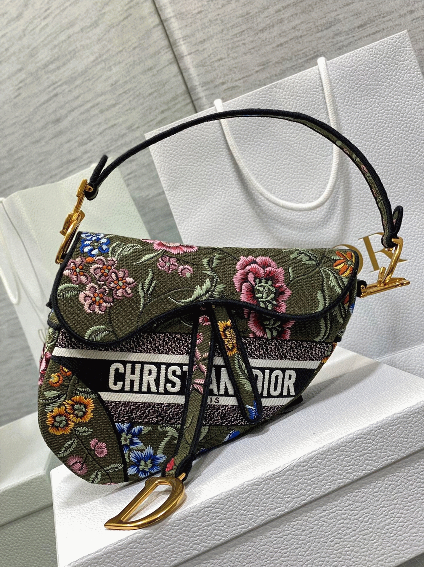 D10r Saddle Bag Knockoff in Green Multicolor D10r Petites Fleurs Embroidery