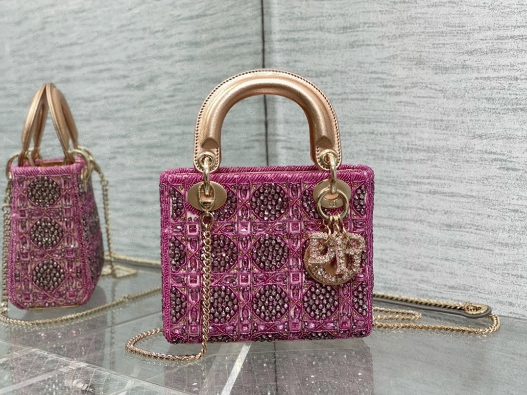 D10r Lady D10r Mini Chain Bag Fake in Satin with Pink Resin Pearl Embroidery