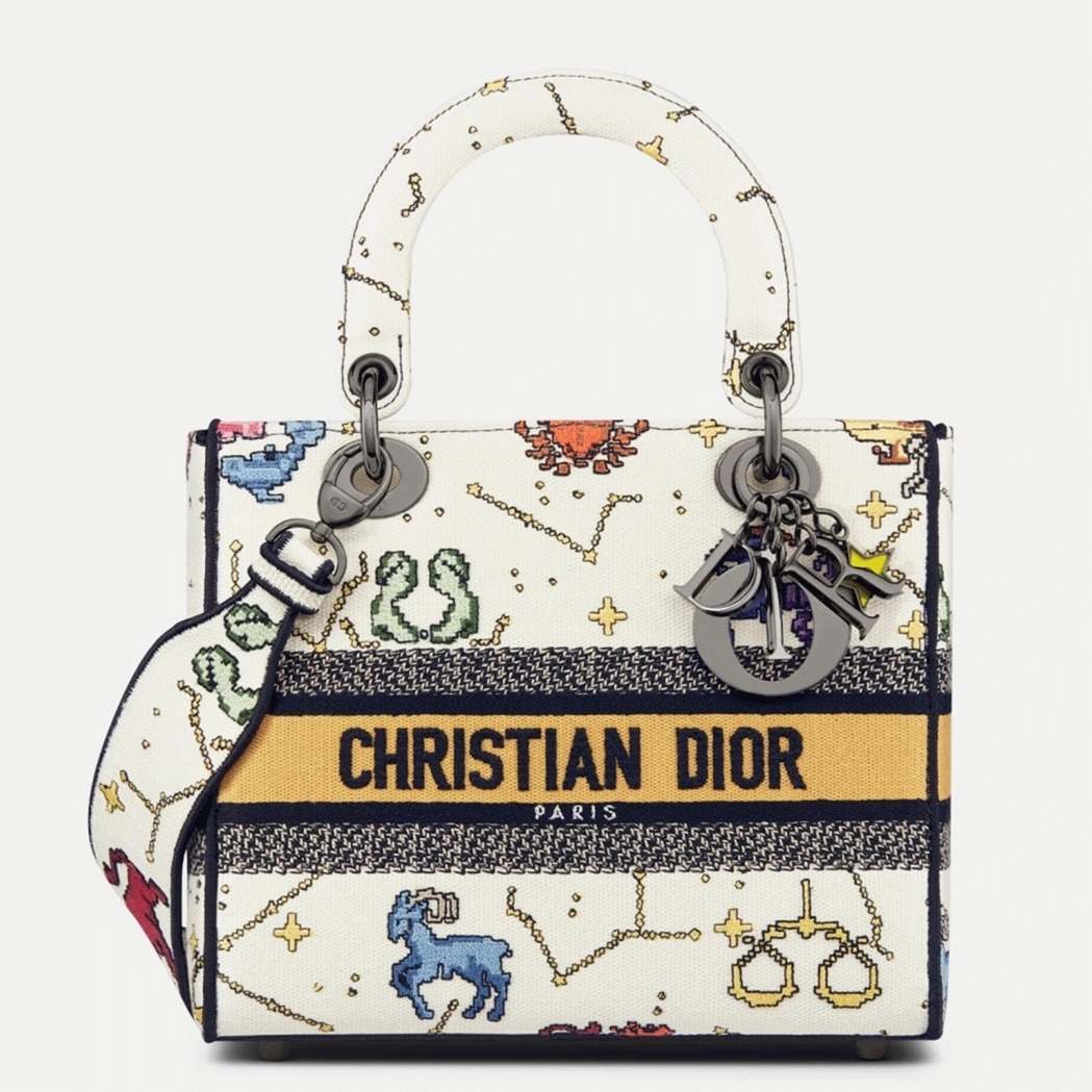 D10r Lady D-Lite Medium Bag Fake in White Pixel Zodiac Embroidery