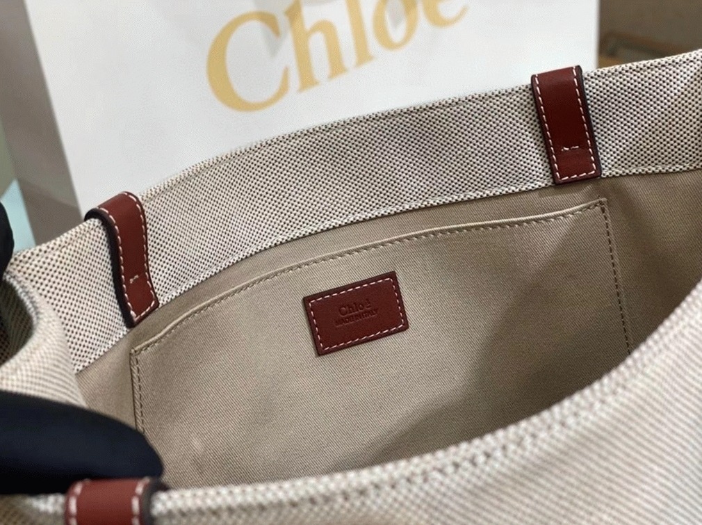 top quality faux Ch10e medium woody tote bag in canvas with brown leather strips