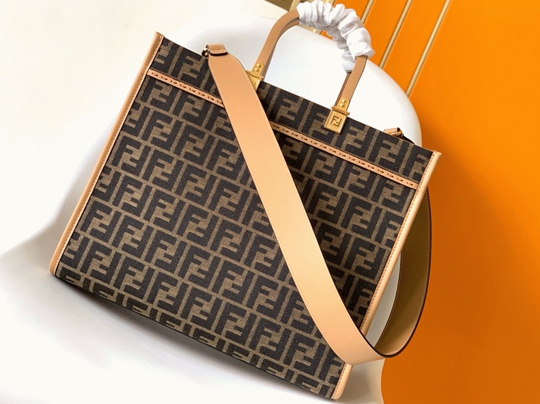 Top Quality Knockoff F**di Sunshine Medium Tote Bag in Brown FF Jacquard Fabric