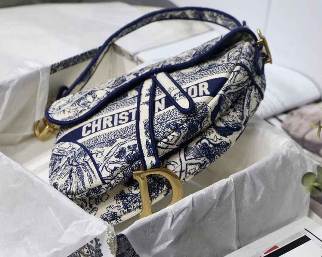 D10r Saddle Bag Replica in Blue Toile de Jouy Embroidery