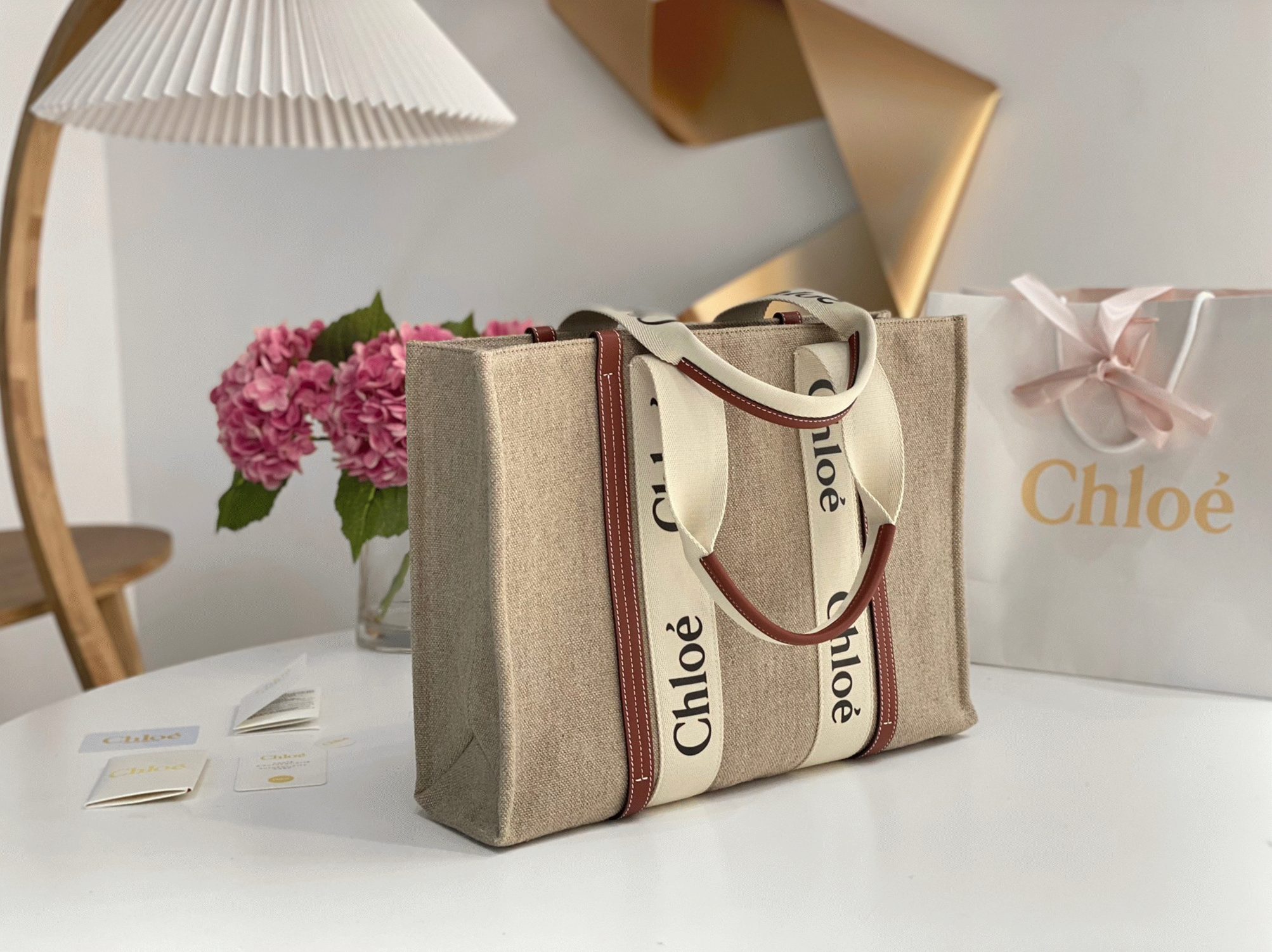 top quality fake Ch10e medium woody tote bag in canvas with tan leather strips