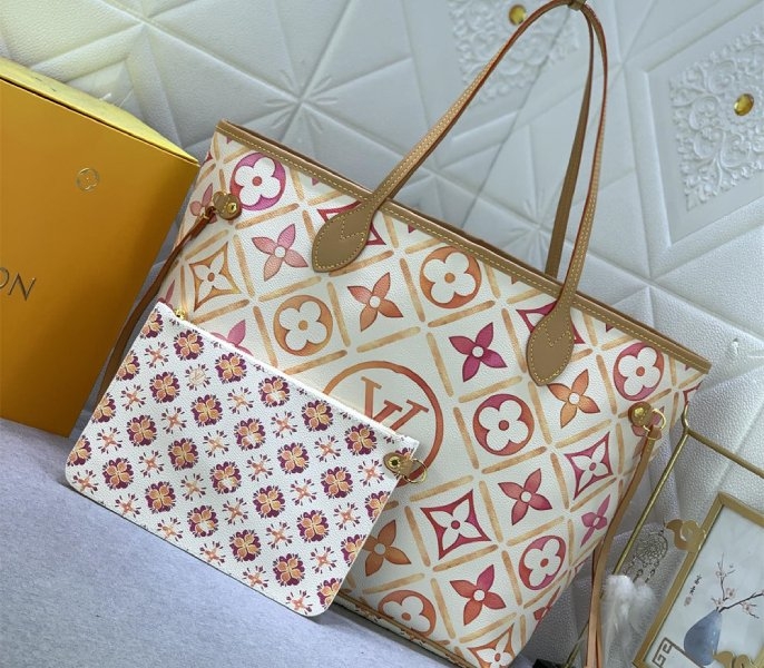 L0vis Vvtt0n LV By The Pool Monogram Tiles Canvas Neverfull MM Tote In Coral