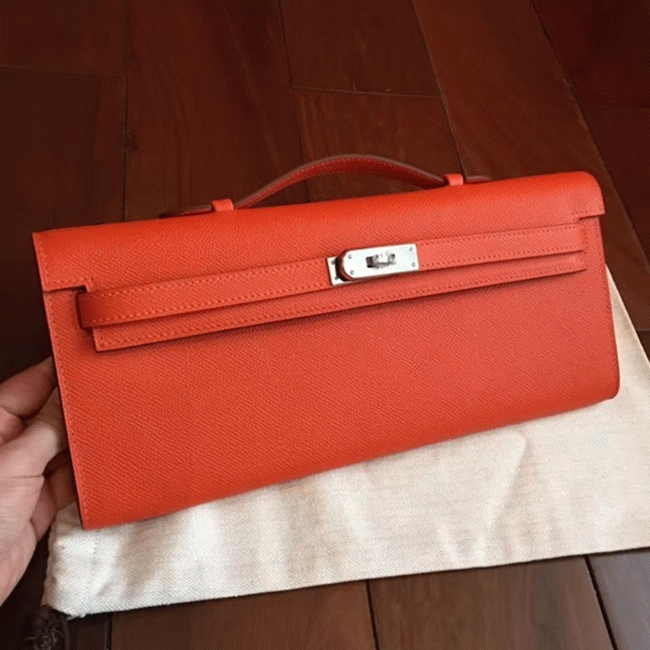 Orange Epsom Knockoff H**me5 Kelly Cut Clutch Bold Handbag