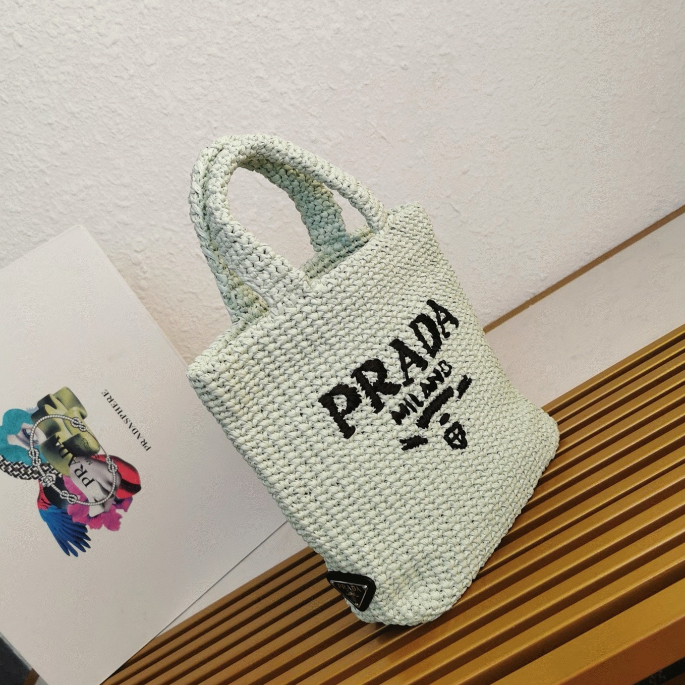 Pra*a Small Crochet Tote Bag Replica in Aqua Raffia-effect Yarn