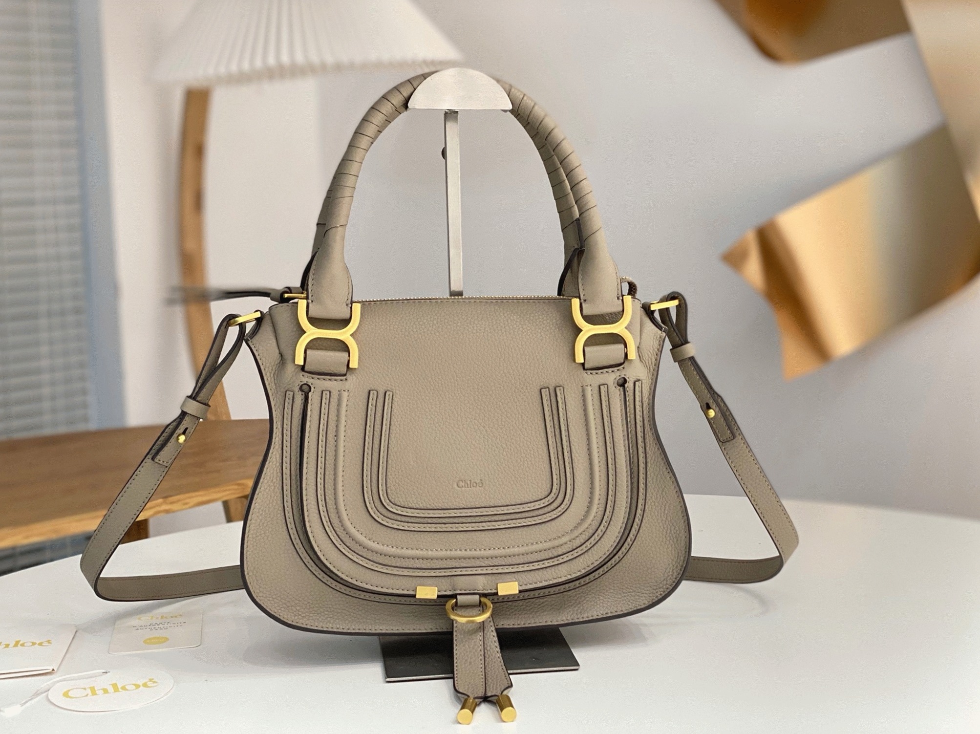 top quality faux Ch10e marcie small double carry bag in sand grained leather